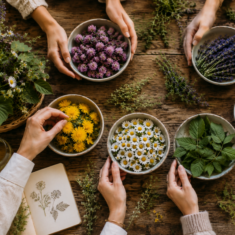 Hände halten verschiedene Schalen mit essbaren Blumen und Kräutern auf einem Holztisch.